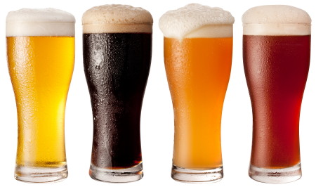 Glasses with four beers on a white background. The file contains a path to cut.