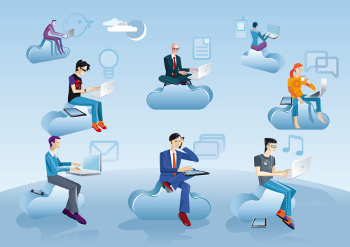 Cloud Computing Men Sitting In Clouds With Icons