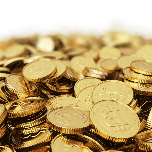 Golden Bitcoin digital currency background with DOF